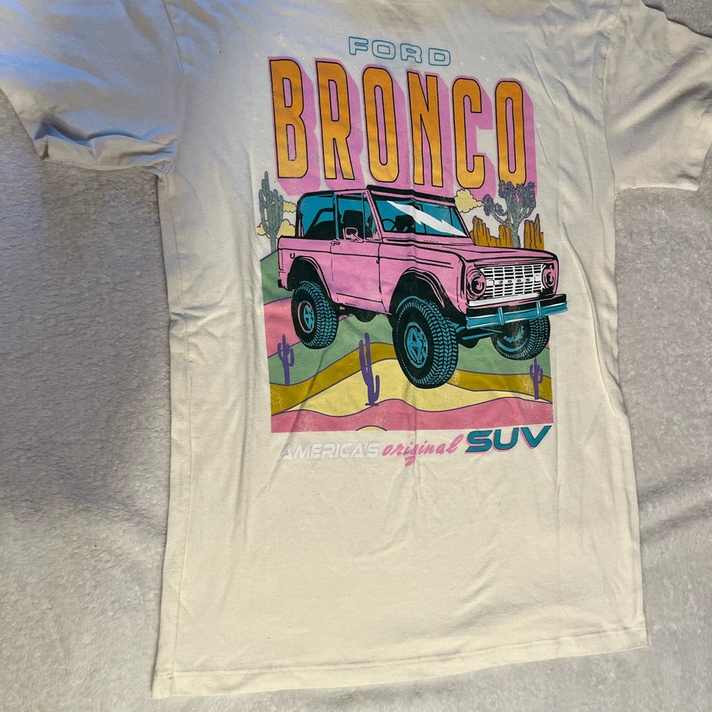 Ford White Tee with Pink Bronco and Colorful Desert Graphic